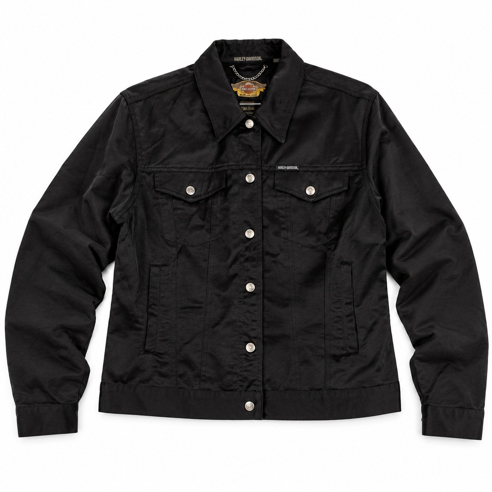 Harley Davidson Trucker Jacket Womens Medium Black Embroidered Vintage Bikercore
